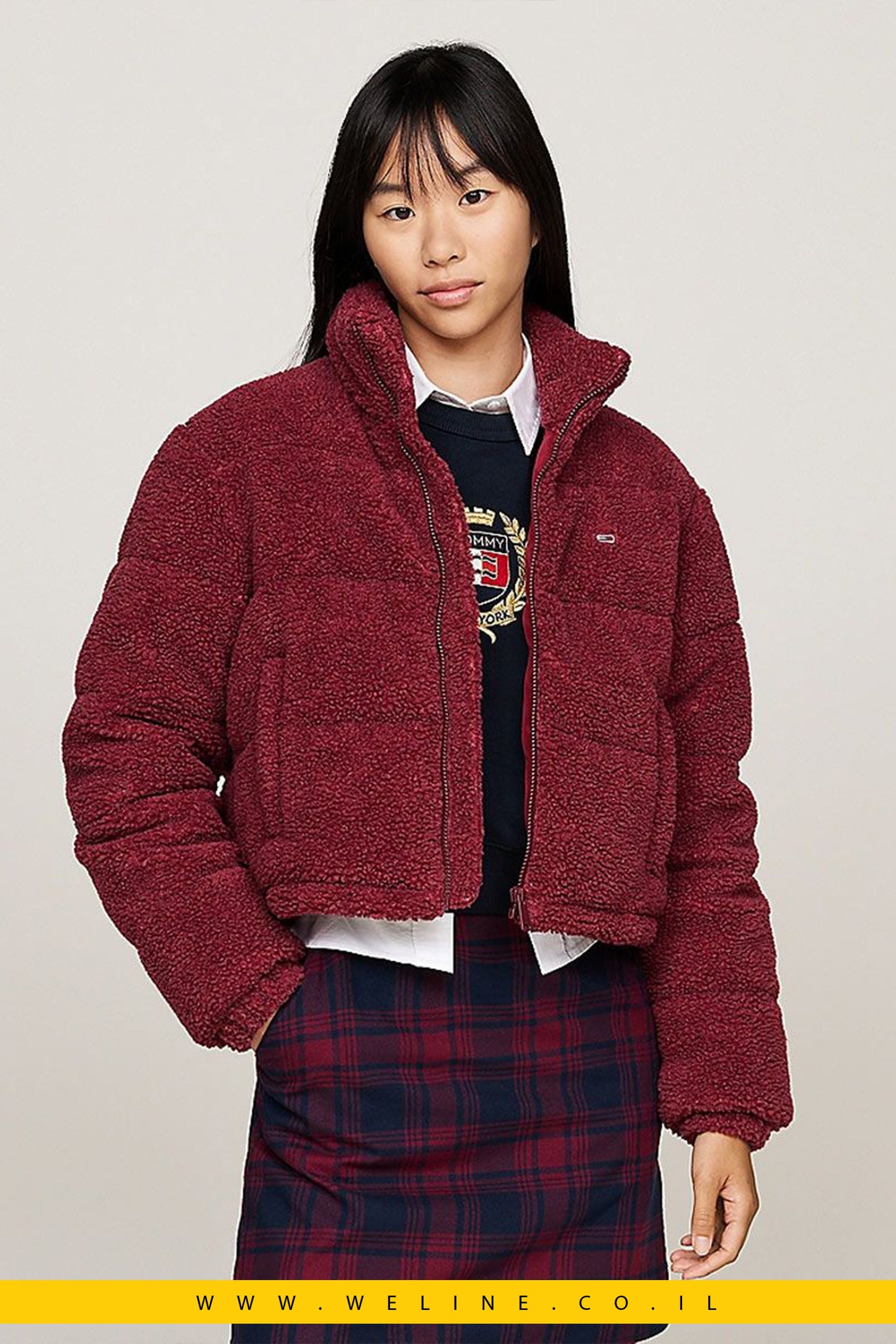מעיל נשים Tommy Hilfiger Essential Cropped Teddy Fleece Puffer