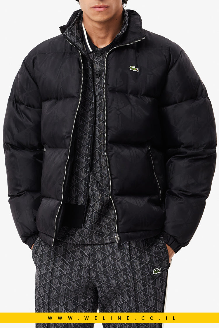 מעיל דאון דוחה מים עם דוגמת מונוגרמה בג'קארד