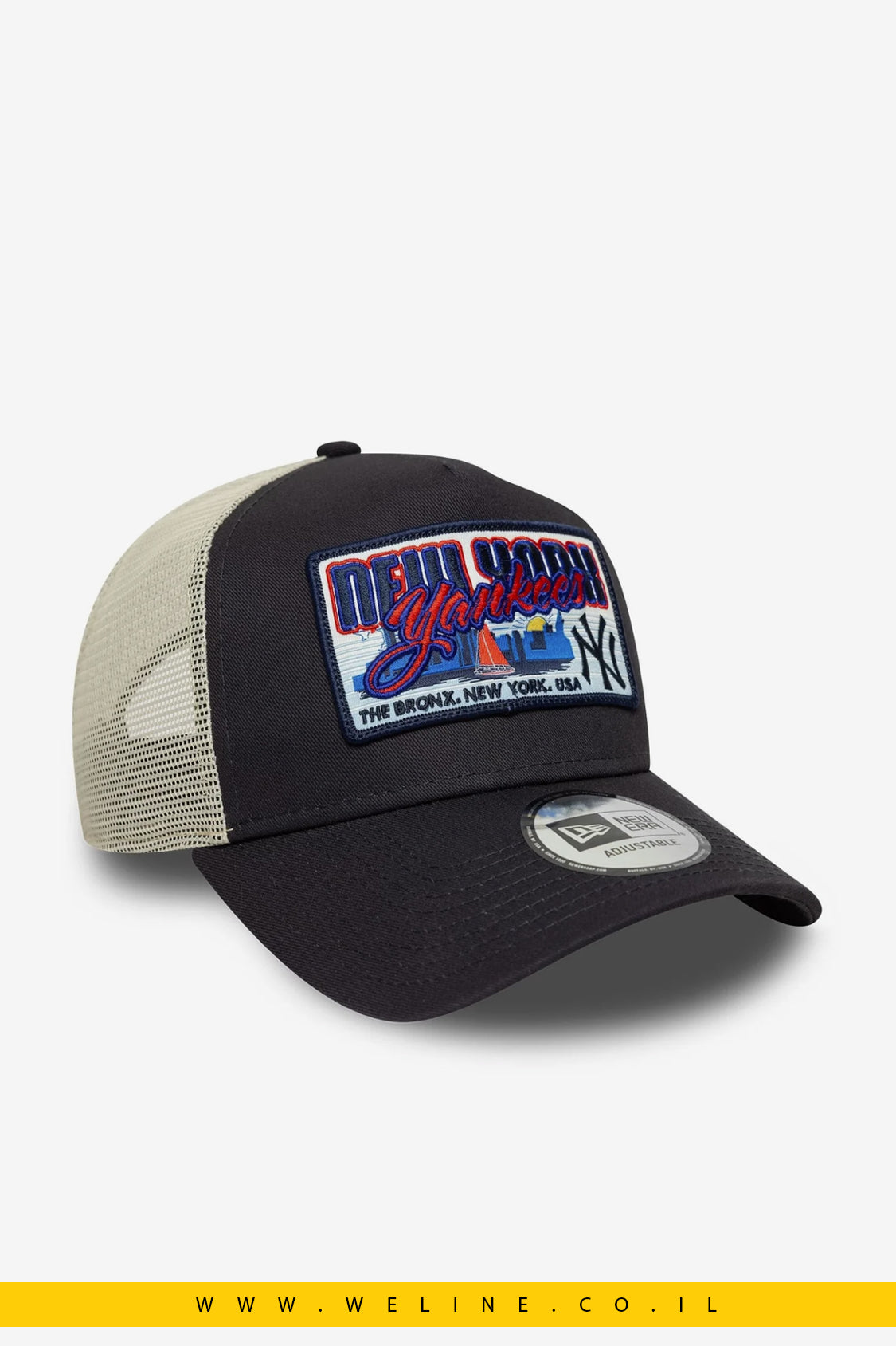 כובע משאית מתכוונן New York Yankees MLB Patch Navy 9FORTY A-Frame Trucker מבית New Era