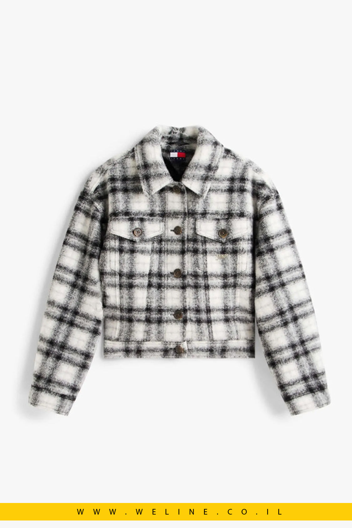 ג׳קט טרקר לנשים Tommy Jeans מצמר משולב שחור לבן עם לוגו – משבצות שחור