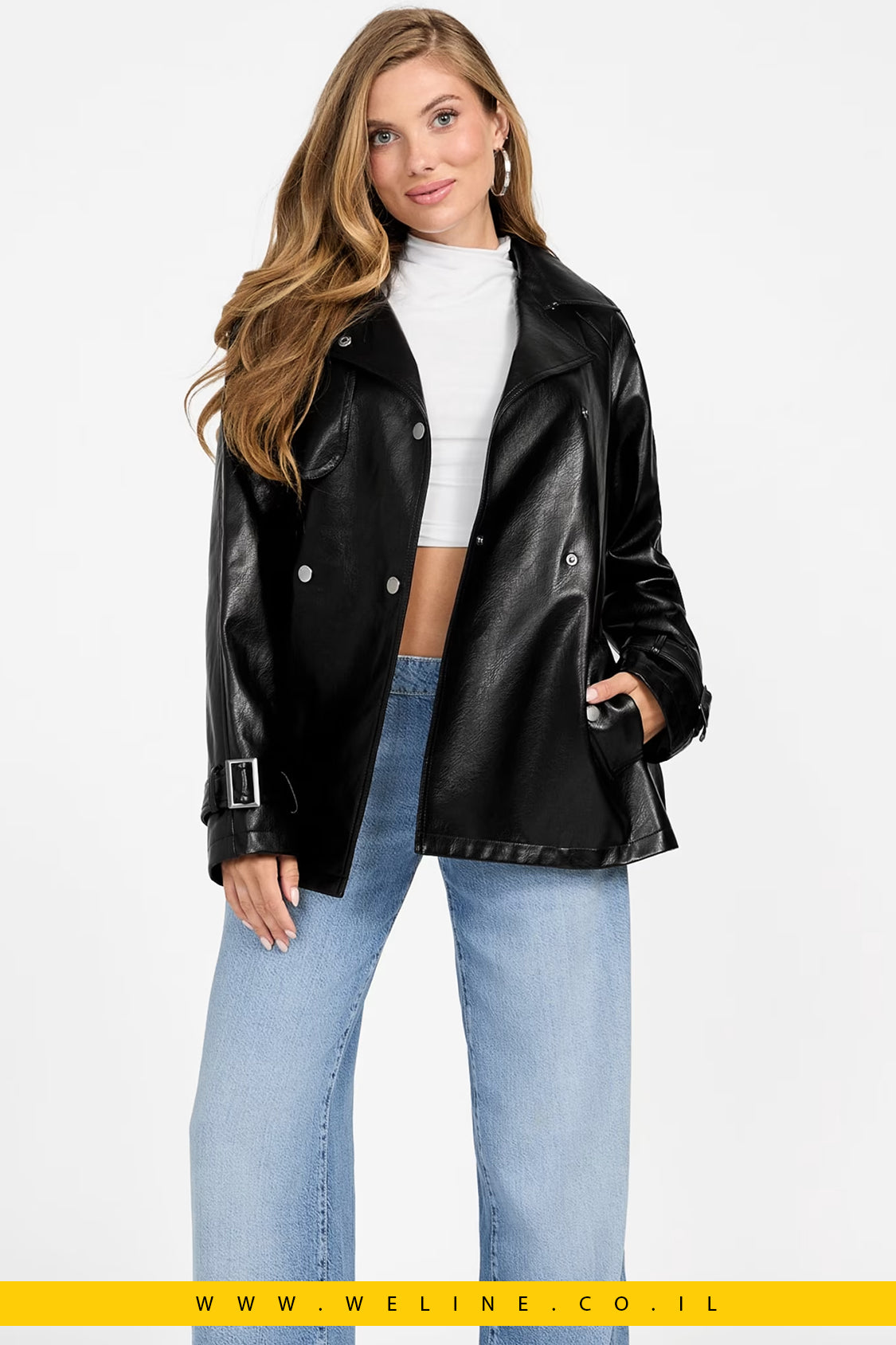 מעיל טרנץ׳ קצר לנשים – Marika Faux-Leather מבית Guess