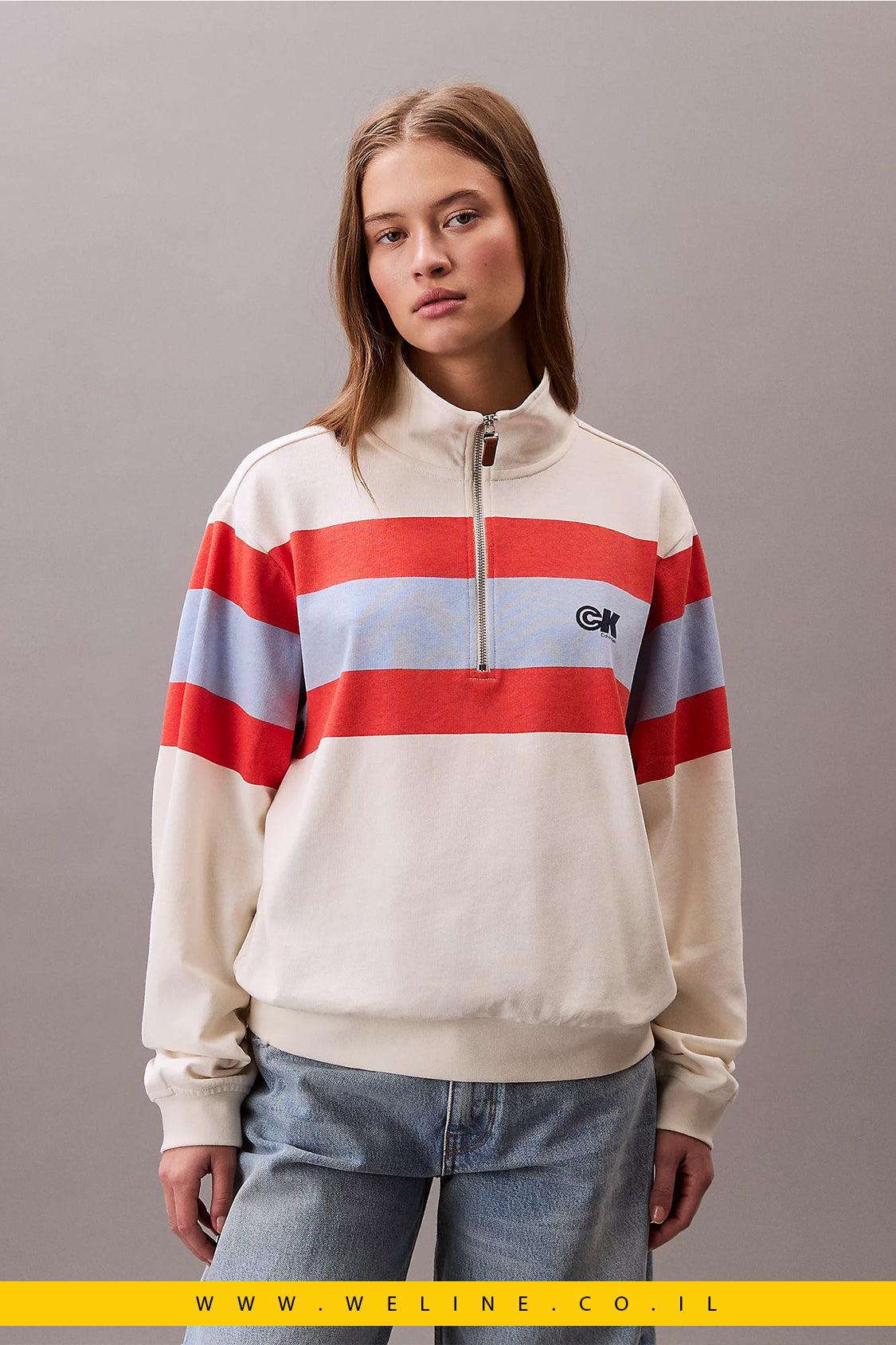 סווטשירט נשים Calvin Klein Rugby Stripe עם רוכסן 1/4