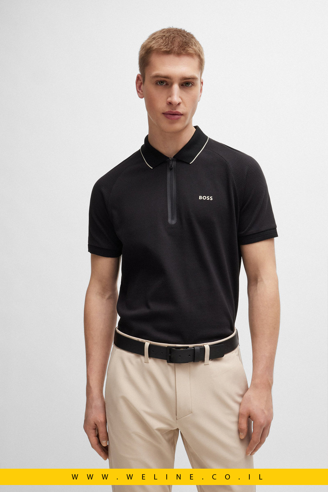 חולצת פולו לגברים BOSS – דגם Structured-Cotton עם לוגו קונטרסטי