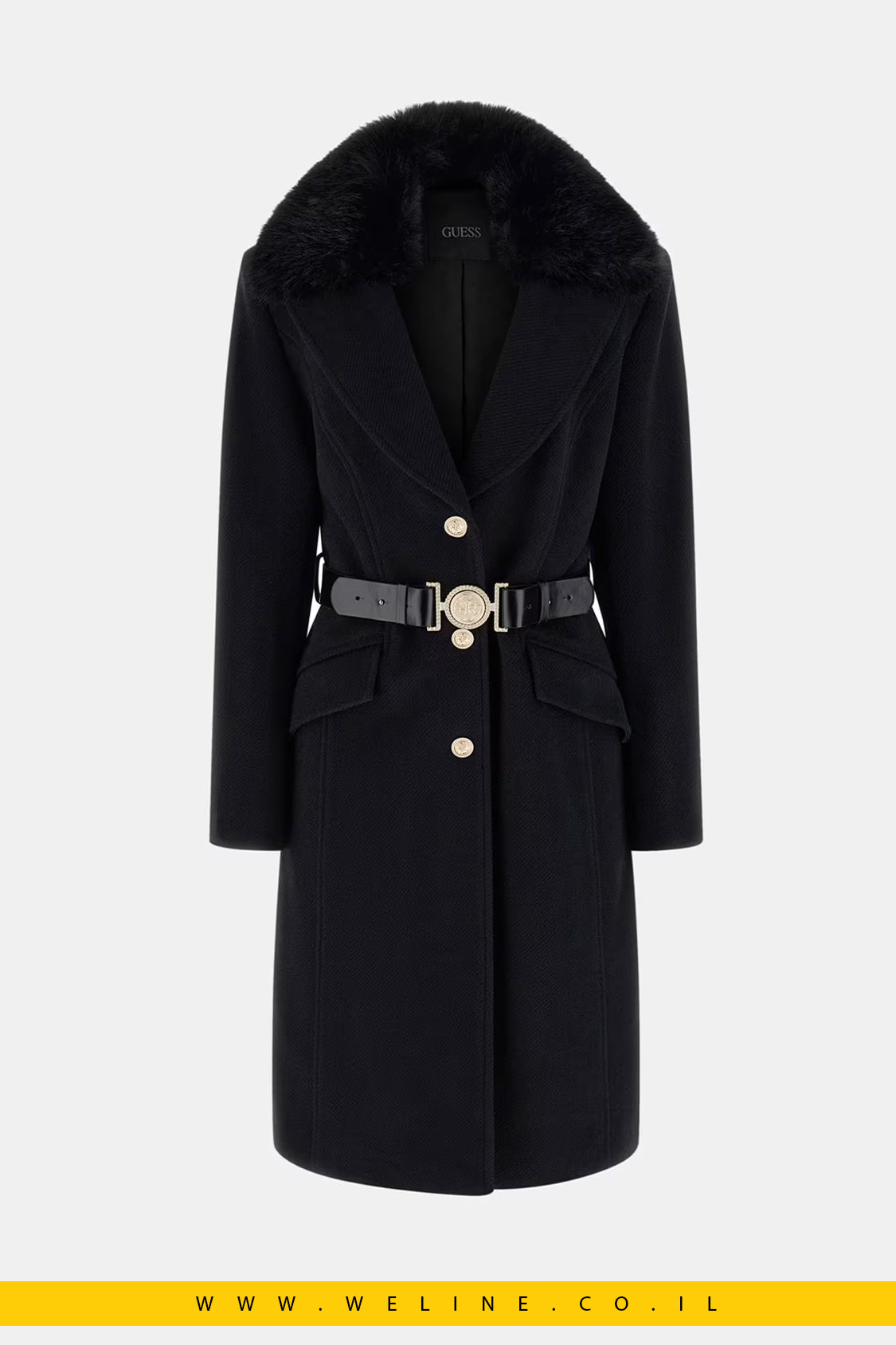 מעיל מידי דו־שכבתי עם חגורה ושיער סינתטי – Wool-Blend Belted Coat שחור