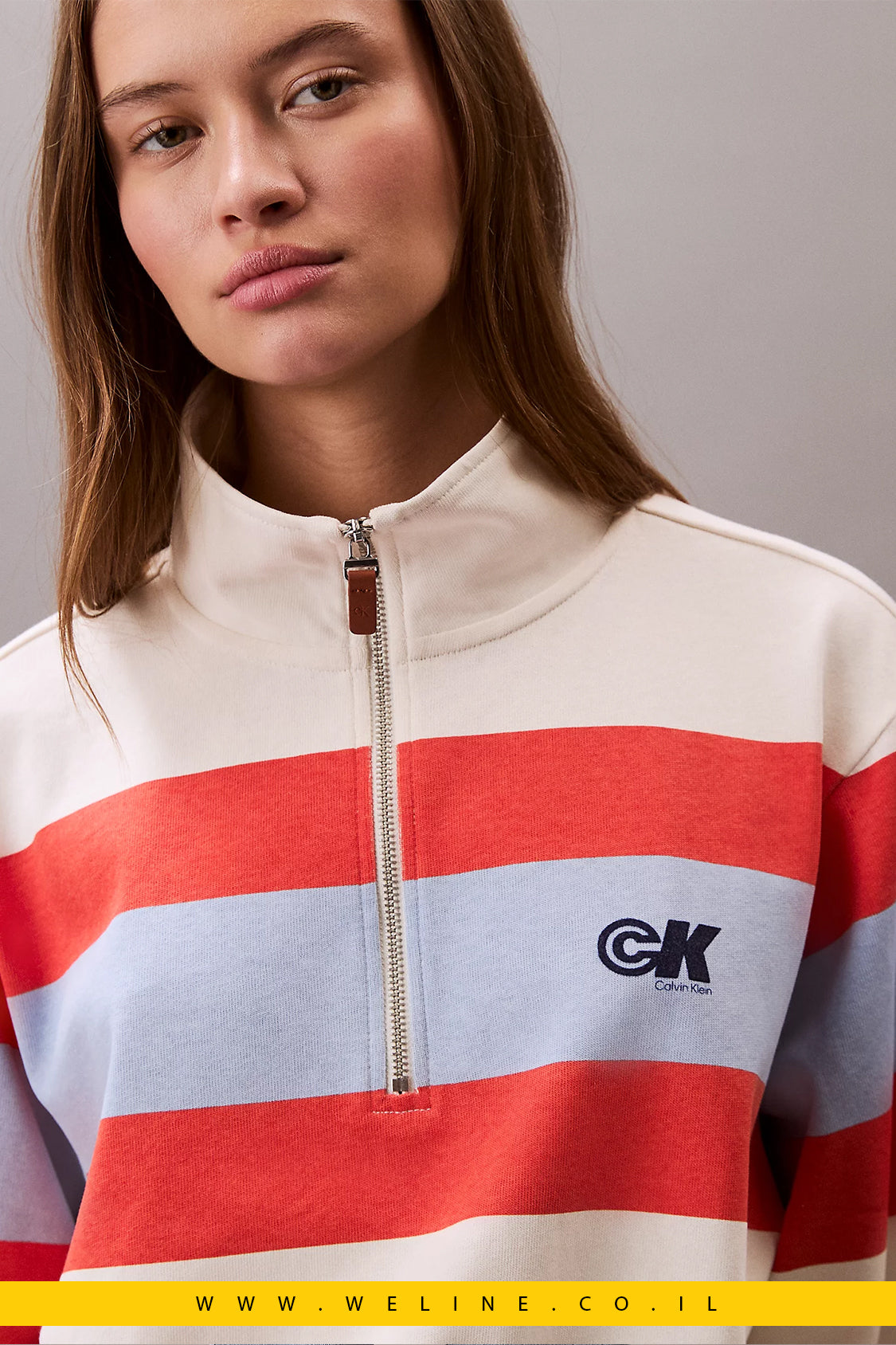 סווטשירט נשים Calvin Klein Rugby Stripe עם רוכסן 1/4