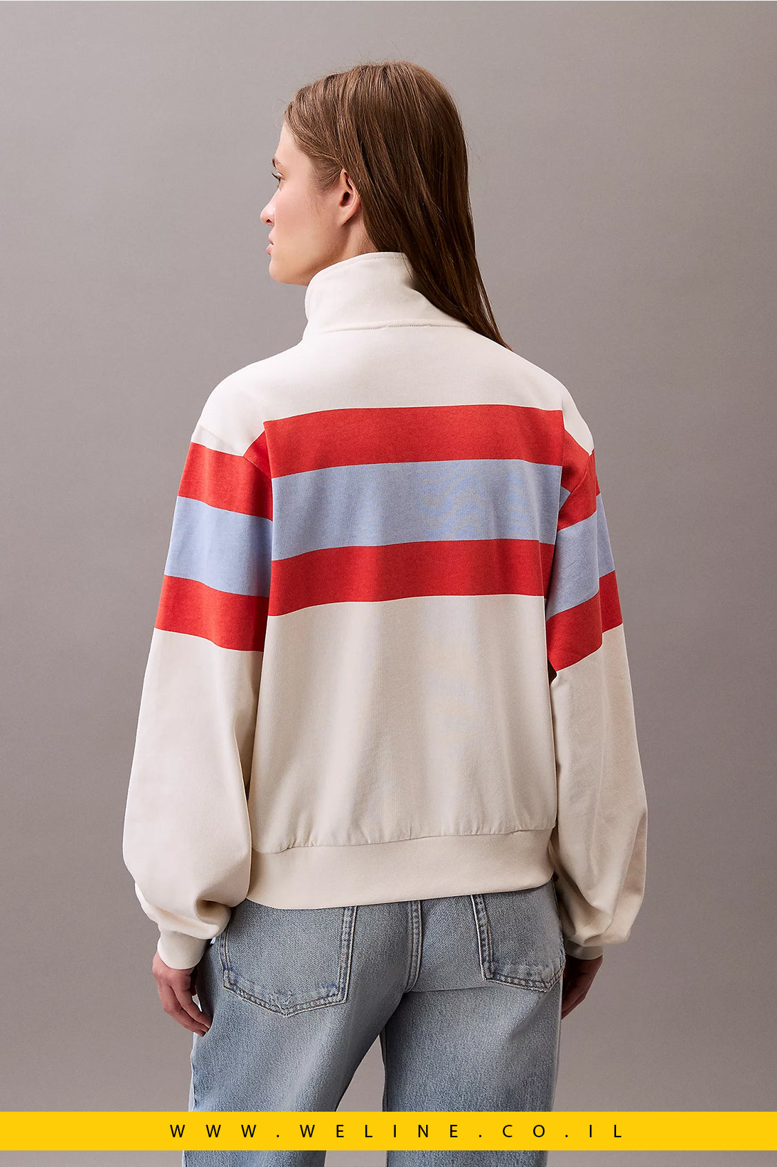 סווטשירט נשים Calvin Klein Rugby Stripe עם רוכסן 1/4