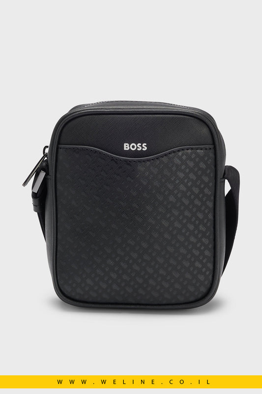 תיק צד גברים עם כיס קדמי במראה מונוגרמה – BOSS