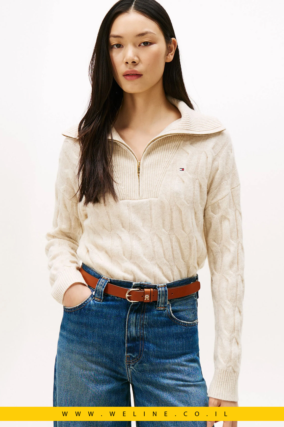 סוודר נשים Tommy Hilfiger חצי רוכסן מצמר טהור – HALF-ZIP CABLE KNIT