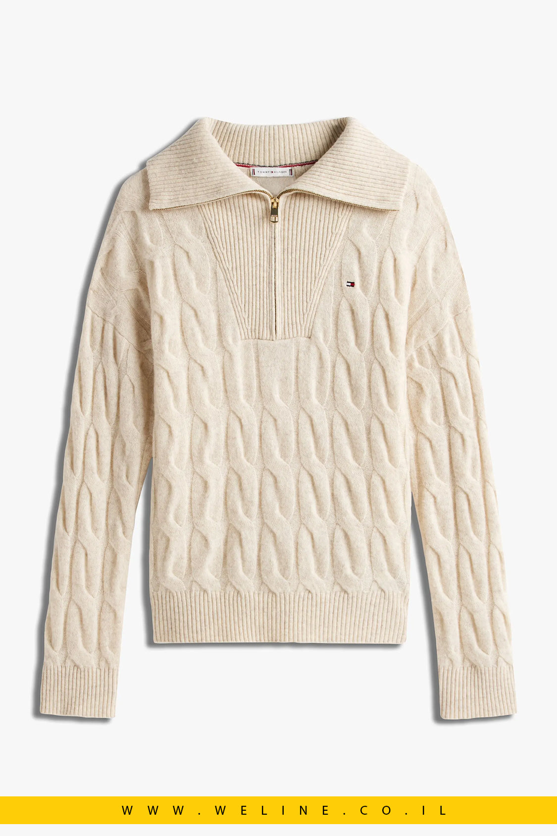 סוודר נשים Tommy Hilfiger חצי רוכסן מצמר טהור – HALF-ZIP CABLE KNIT