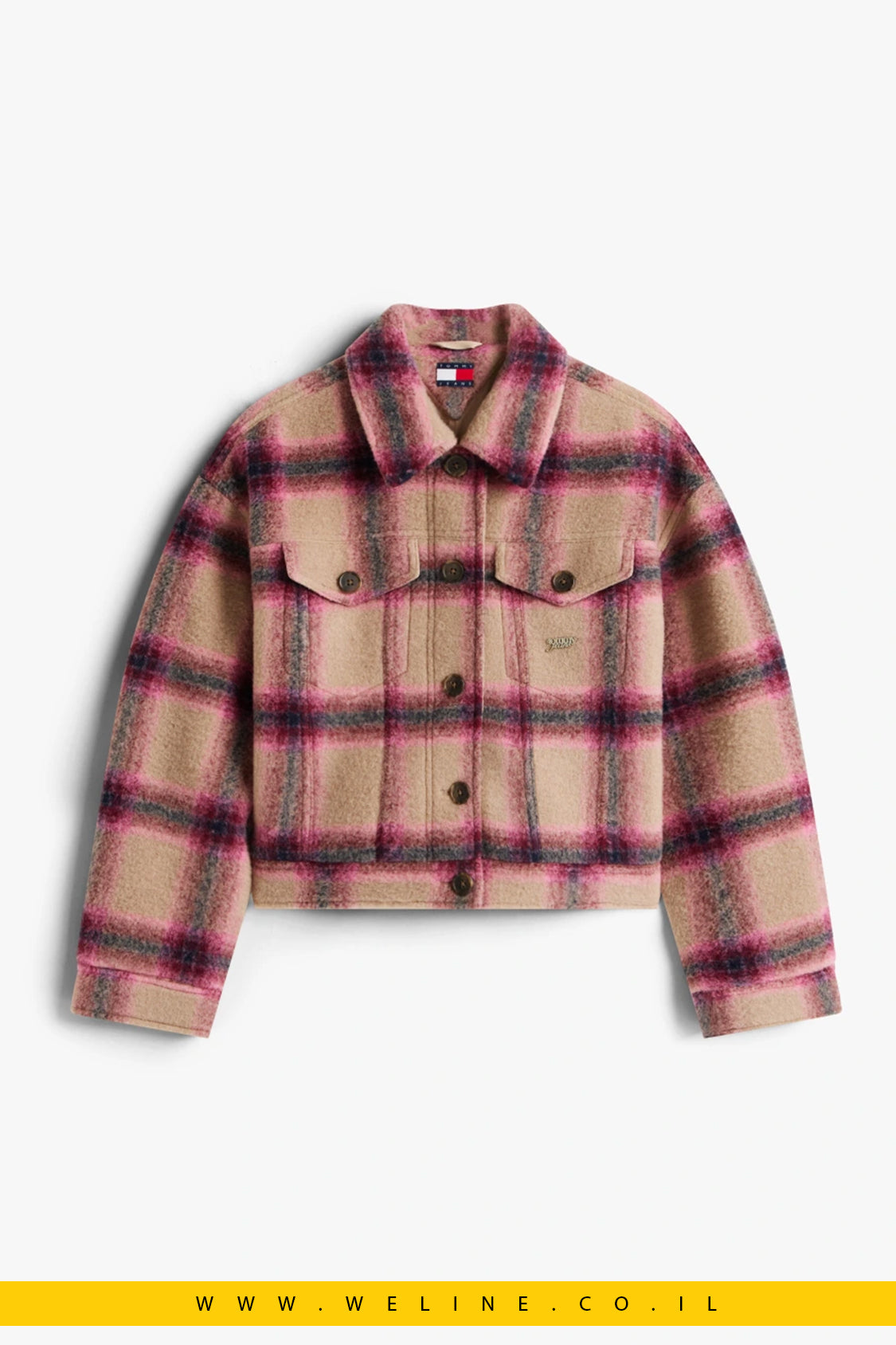 ג׳קט טרקר לנשים Tommy Jeans מצמר משולב עם לוגו – משבצות ורוד Mystic Pink