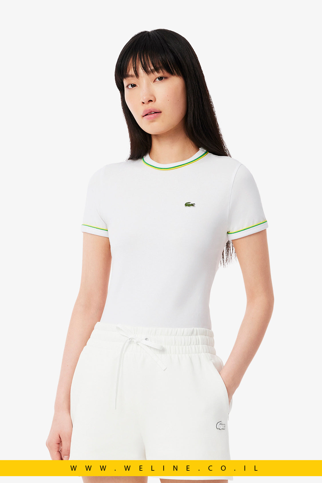 טי-שירט לנשים עם עיטורי קונטרסט – לבן – Lacoste