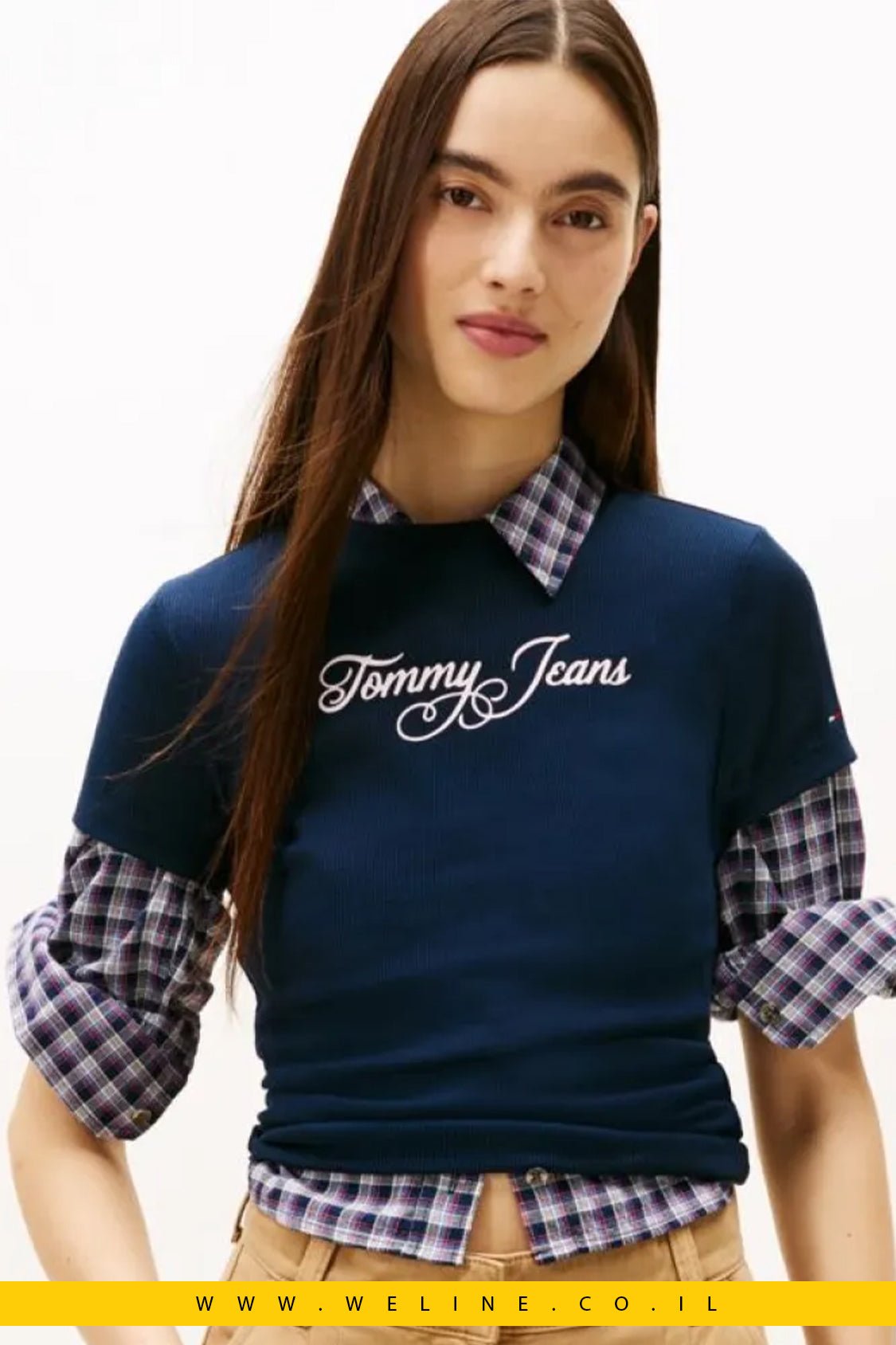 טי - שירט נשים Essential Ribbed Slim Fit – Tommy Jeans | צבע Dark Night Navy - WELINE.CO.IL