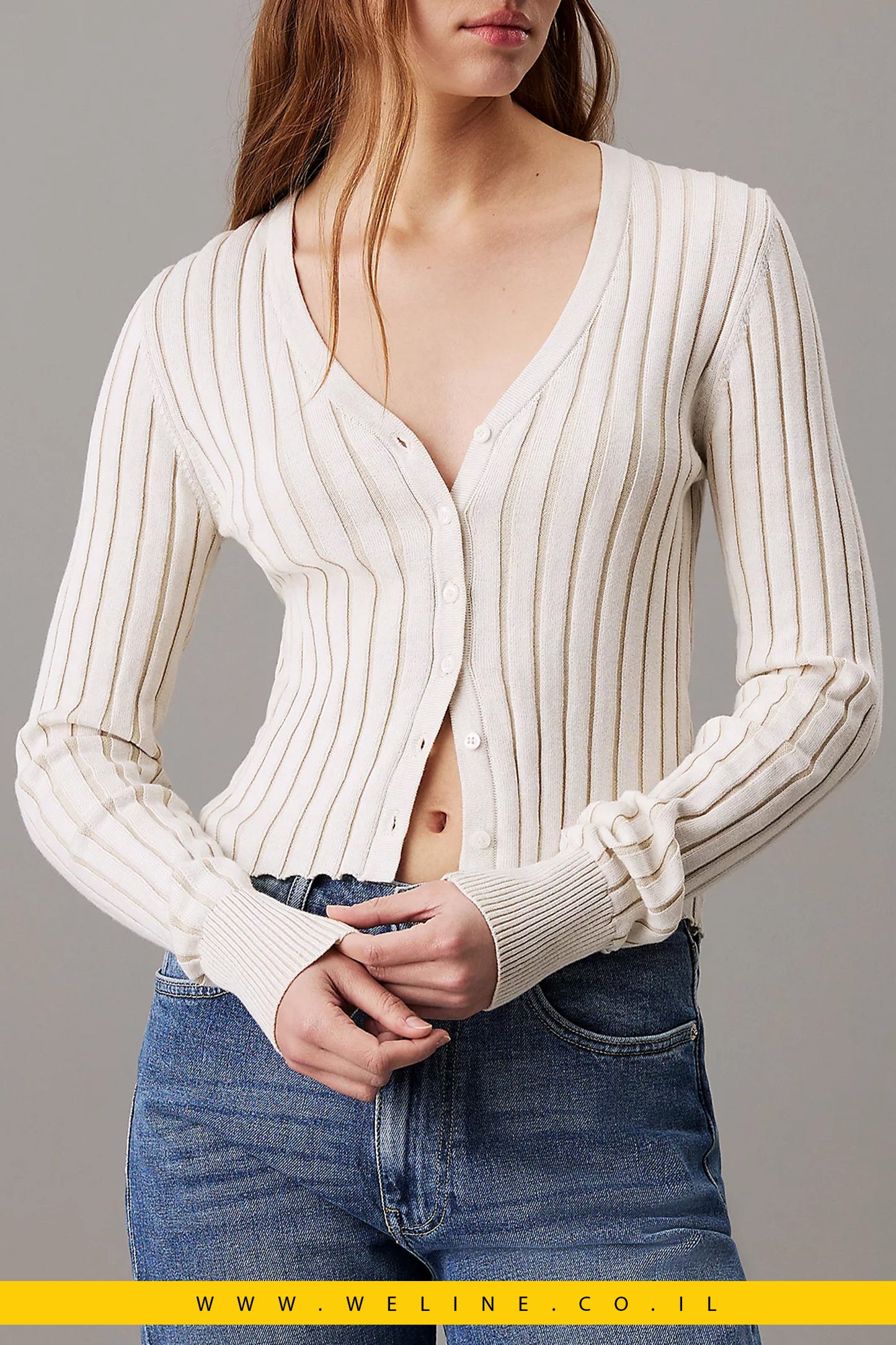 קרדיגן צמוד מבד כותנה במרקם מיוחד (Plated).