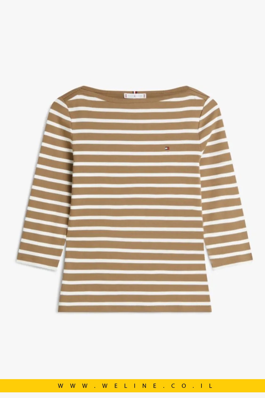 חולצת טי נשית ומחמיאה מבית Tommy Hilfiger בעיצוב פסים אפור כהה נורדי / אקרו סטפ - WELINE.CO.IL