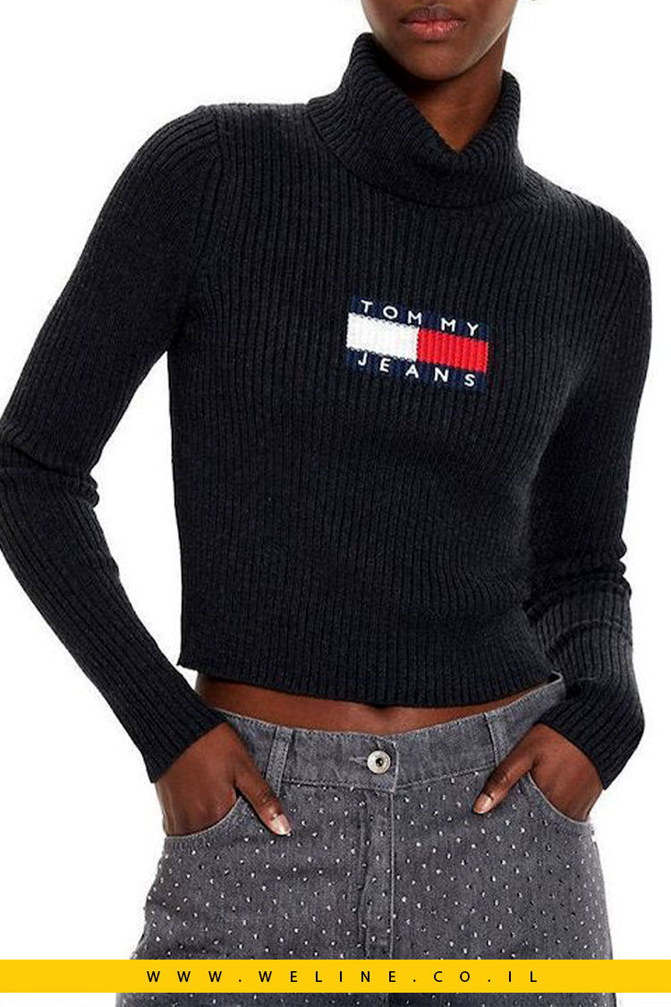 סוודר גולף לנשים Tommy Jeans Tjw Melange Trtlnck Flag בצבע שחור