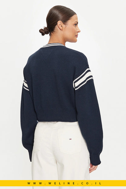 סוודר לנשים Tommy Jeans Varsity בצבע כחול כהה