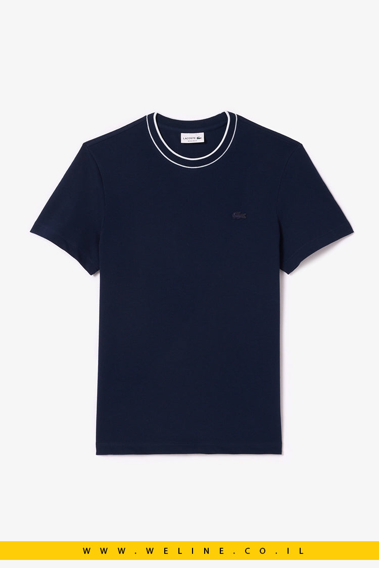 חולצת T-Shirt Stretch Piqué עם צווארון פסים לגברים בצבע כחול מבית Lacoste