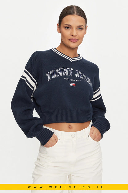 סוודר לנשים Tommy Jeans Varsity בצבע כחול כהה