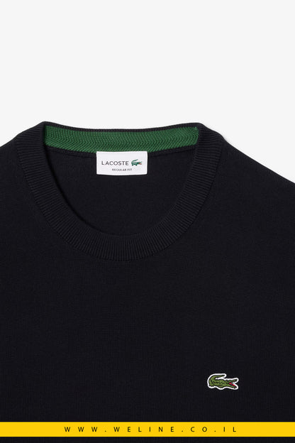 סוודר שחור כותנה חלק עם צווארון עגול lacoste