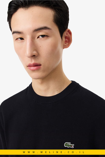 סוודר שחור כותנה חלק עם צווארון עגול lacoste