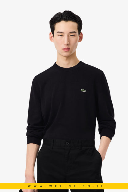 סוודר שחור כותנה חלק עם צווארון עגול lacoste
