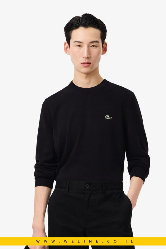 סוודר שחור כותנה חלק עם צווארון עגול lacoste