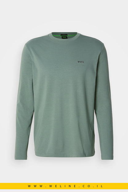 טי־שירט שרוול ארוך מכותנה סטרצ’ עם לוגו קונטרסטי לגברים מבית BOSS