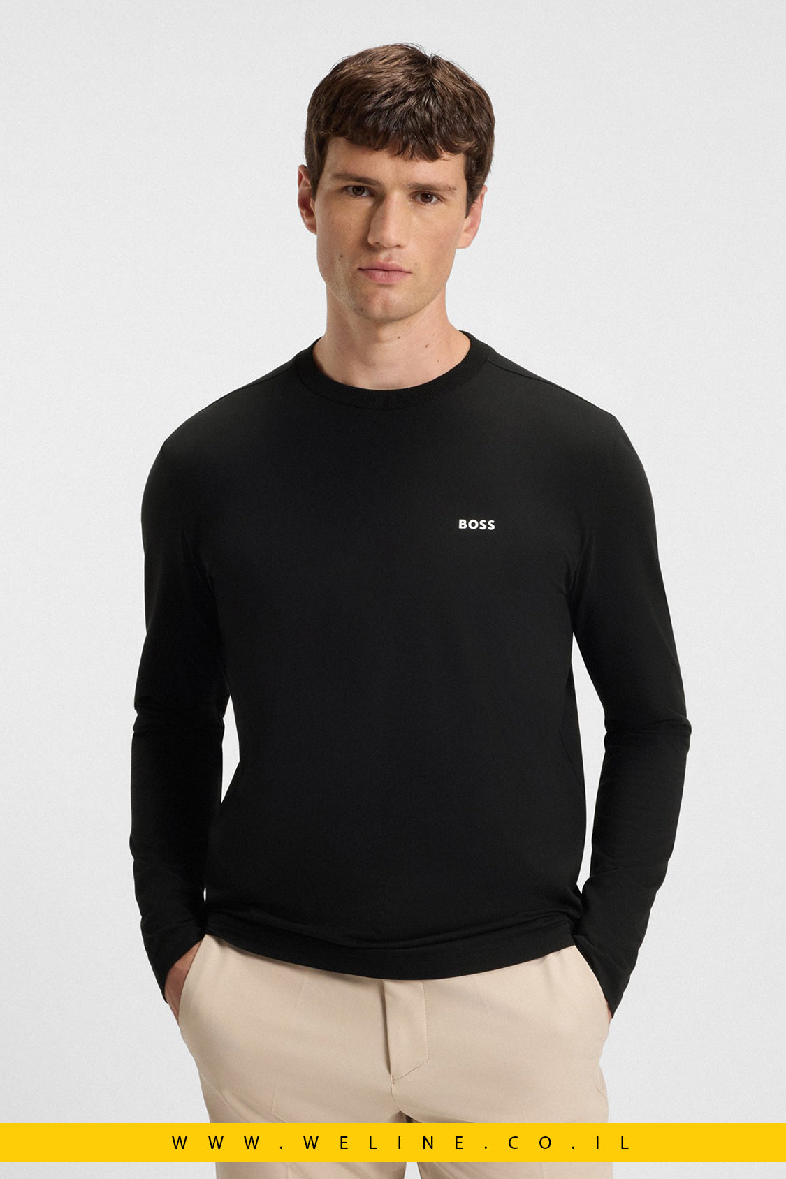 טי־שירט שרוול ארוך מכותנה סטרצ’ עם לוגו קונטרסטי לגברים מבית BOSS