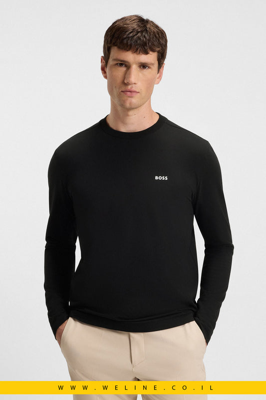 טי־שירט שרוול ארוך מכותנה סטרצ’ עם לוגו קונטרסטי לגברים מבית BOSS