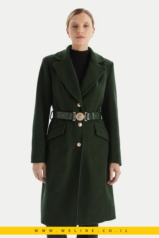 מעיל מידי דו־שכבתי עם חגורה ושיער סינתטי – Wool-Blend Belted Coat ירוק