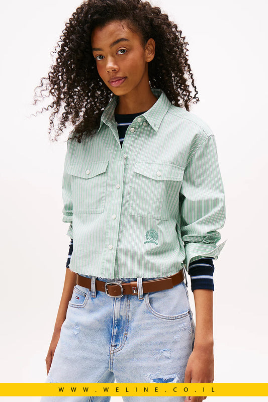חולצת נשים Tommy Jeans Cropped עם רקמת סמל – כותנה
