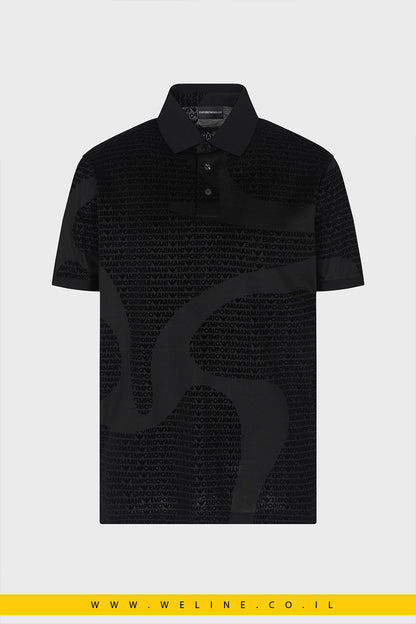 חולצת פולו גברים Emporio Armani All-Over Logo Regular Fit Polo Shirt – צבע שחור