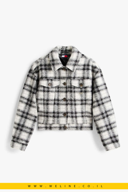 ג׳קט טרקר לנשים Tommy Jeans מצמר משולב שחור לבן עם לוגו – משבצות שחור