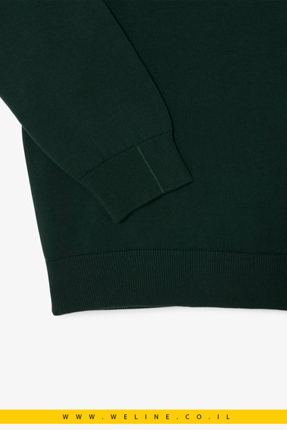 סוודר ירוק כותנה חלק עם צווארון עגול lacoste