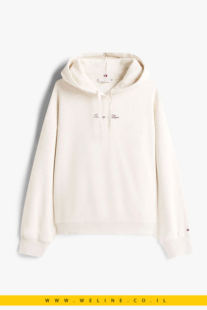 קפוצ'ון נשים Tommy Hilfiger – דגם Textured Logo בגזרת Relaxed בצבע Oatmilk
