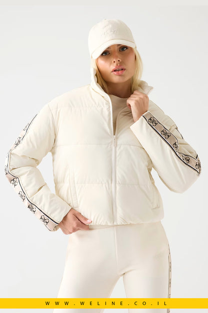 Guess – מעיל Puffer קרם עם צווארון גבוה