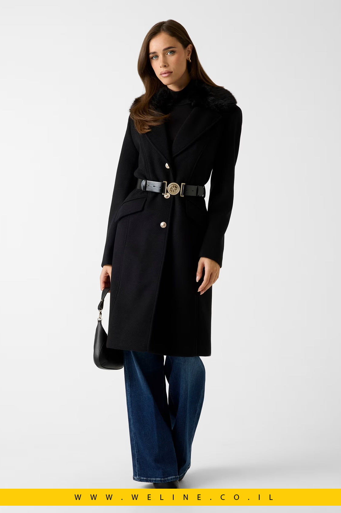 מעיל מידי דו־שכבתי עם חגורה ושיער סינתטי – Wool-Blend Belted Coat שחור