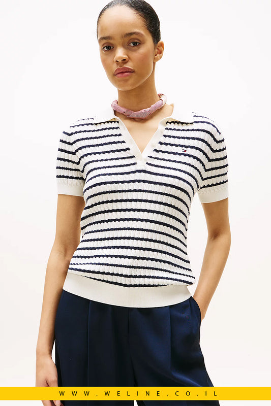 סוודר פולו קצר שרוול בסריג כבלים Tommy Hilfiger