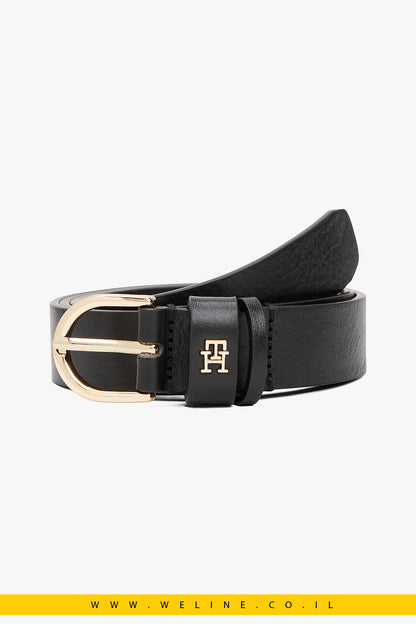 חגורת עור Tommy Hilfiger Essential TH Monogram Leather Belt – צבע שחור קלאסי