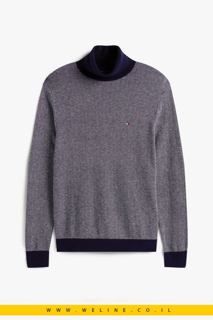 Tommy Hilfiger Pima Cotton Turtleneck Sweater – סוודר גולף לגברים בדוגמת הרינגבון בצבע Desert Sky / Ivory Petal