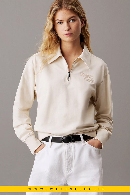 סווטשירט פולו נשים Calvin Klein עם רוכסן – Bone White Regular Fit