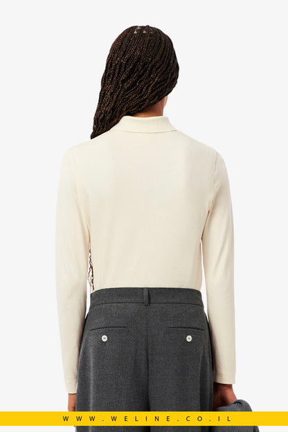 פולו לנשים Lacoste עם קרוקודיל נוף – לבן שבור