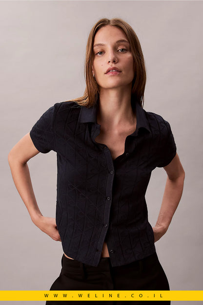 חולצת פולו נשים Calvin Klein Monogram Jacquard – כחול Dark Sapphire