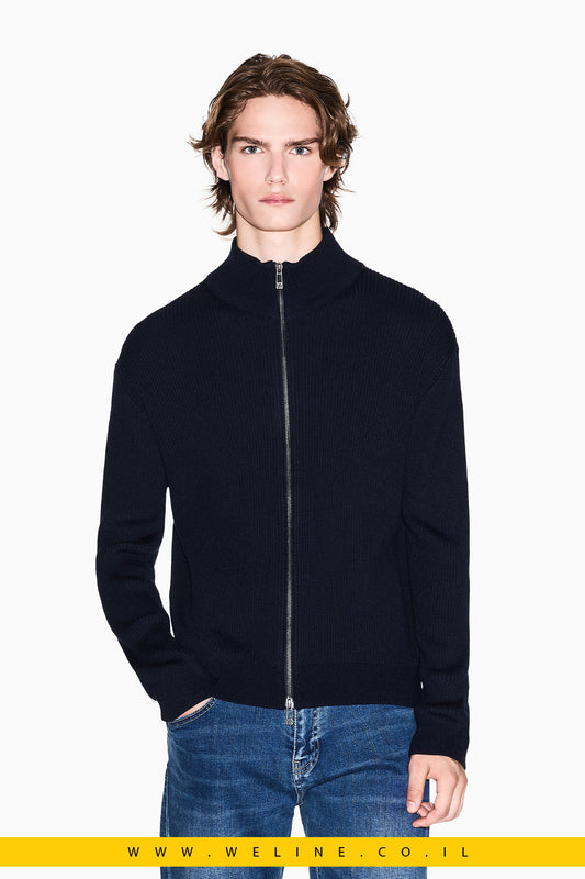 קרדיגן גברים עם רוכסן מלא Armani Exchange – סריג ריב איכותי בצבע כחול כהה