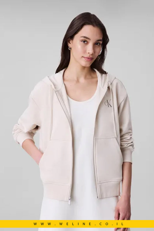 קפוצ'ון נשים Calvin Klein – דגם Monologo עם רוכסן מלא צבע חציר בהיר