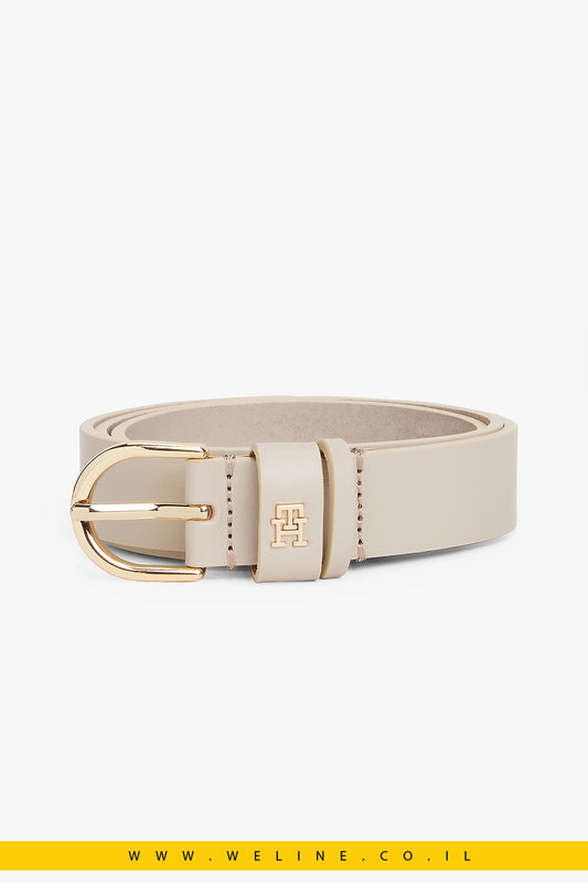 חגורת עור Tommy Hilfiger Essential TH Monogram Leather Belt – צבע בז’ קלאסי