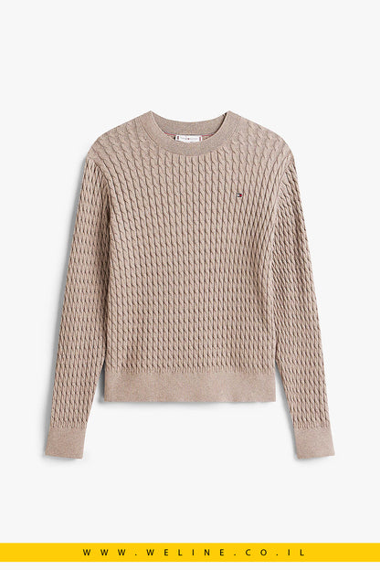 סוודר סריג נשים Tommy Hilfiger – דגם Cable Knit קלאסי בצבע טאופ