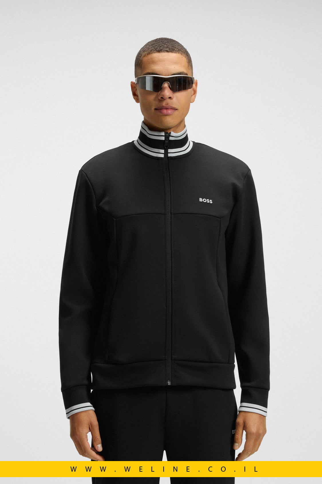 סווטשירט רוכסן מכותנה משולבת עם פסי פסים – BOSS (שחור)