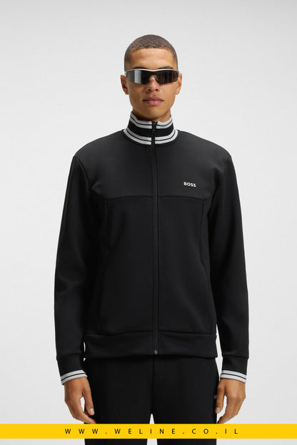 סווטשירט רוכסן מכותנה משולבת עם פסי פסים – BOSS (שחור)
