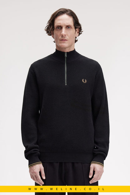 סוודר חצי רוכסן בטקסטורת וופל – Fred Perry Waffle Stitch Half Zip (Black)